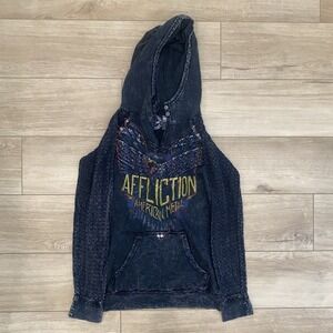Affliction American Metal Stone Wash Pullover Hoodie Womens Medium Lace Arms Y2K
